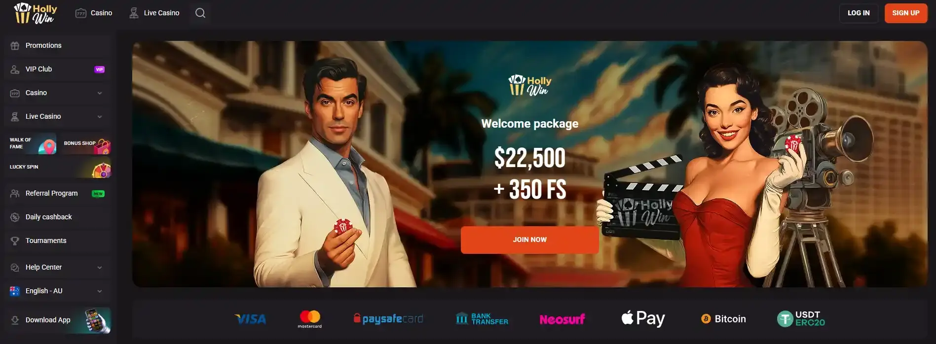 HollyWin Australia homepage showing English AU localisation and pokies navigation
