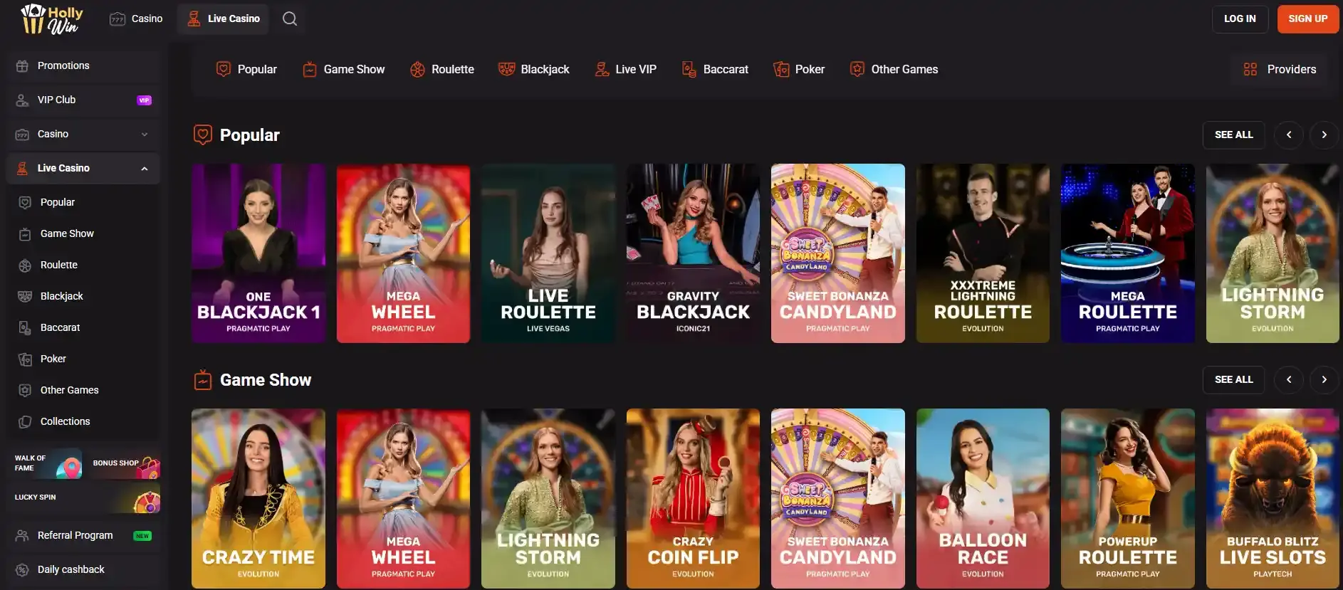 HollyWin Australia live casino lobby