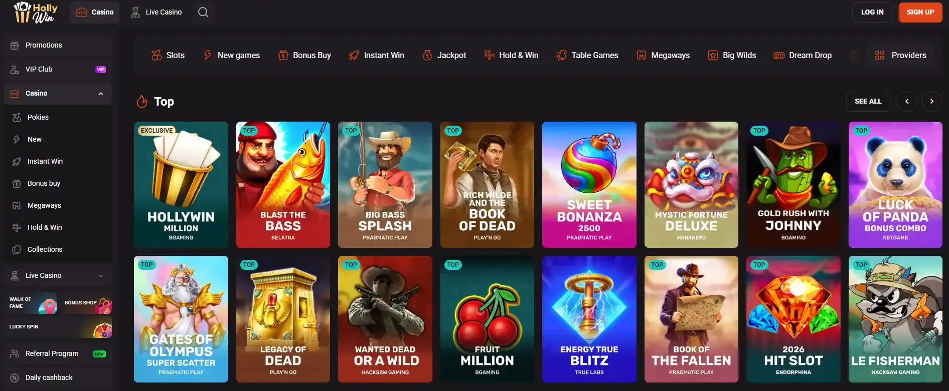 HollyWin Australia pokies and casino game lobby