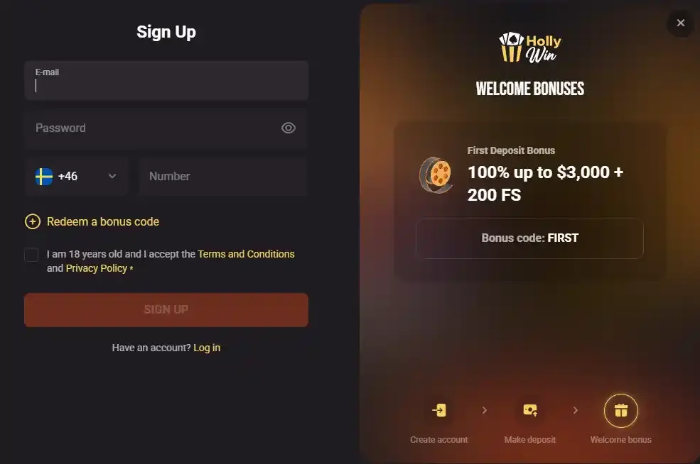 HollyWin Australia registration form with country and currency fields