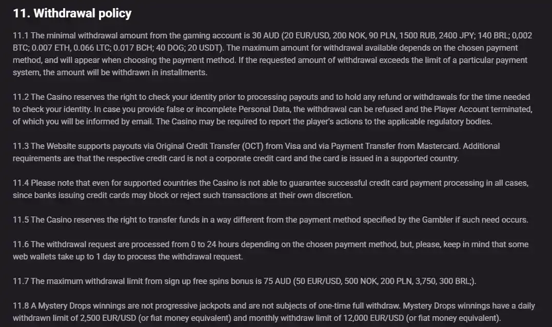 HollyWin Australia terms section covering withdrawals and verification