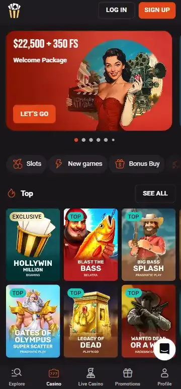 HollyWin mobile and app section